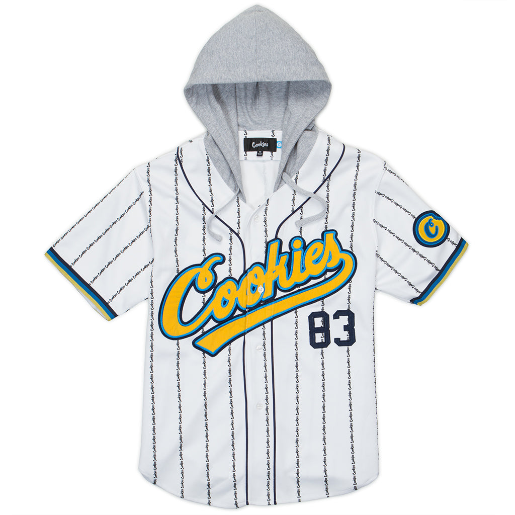 Puttin in Work Poly Performance Blend Knit Hooded Baseball Jersey w/ Custom Cookies Pinstripes, Tri-Color Ribbing & Tackle Twill Logo Appliqué (White)